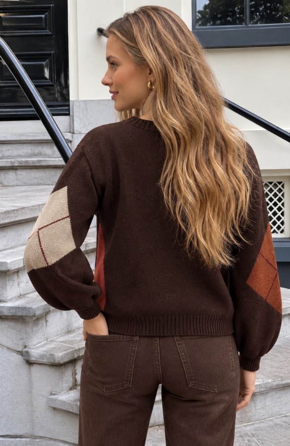 Oversized-Strickpullover mit Karomuster in Schokobraun, Foto 3