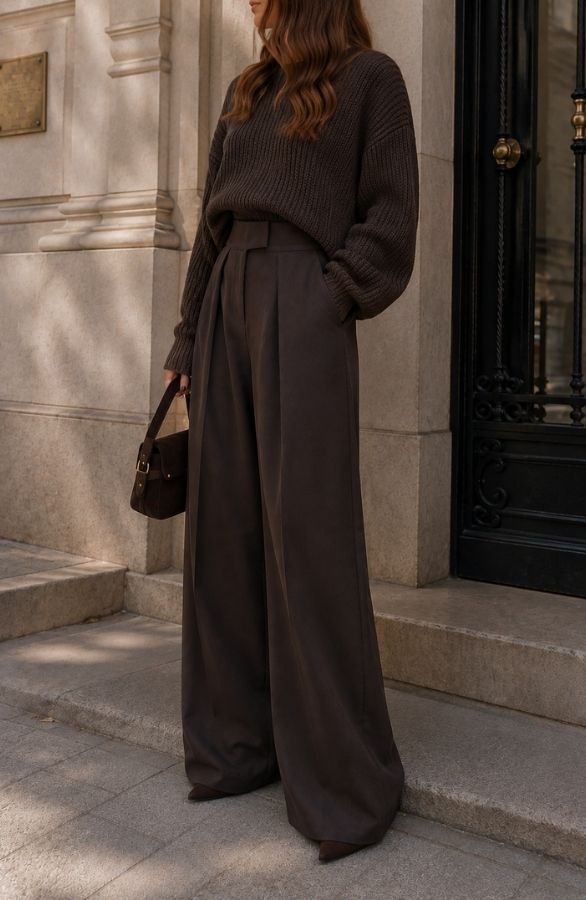 Ultra Pleated Wide Leg Pants Choco – flared broeken, foto 3