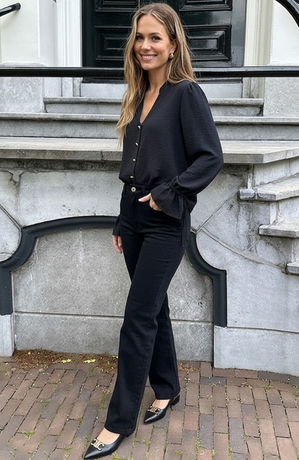 V-hals Ruffle Croissant Knopen Blouse Zwart – blouses, foto 3