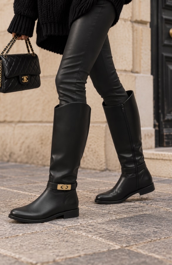 Elegant Riding Boots With Golden Buckle Zwart – alle schoenen
