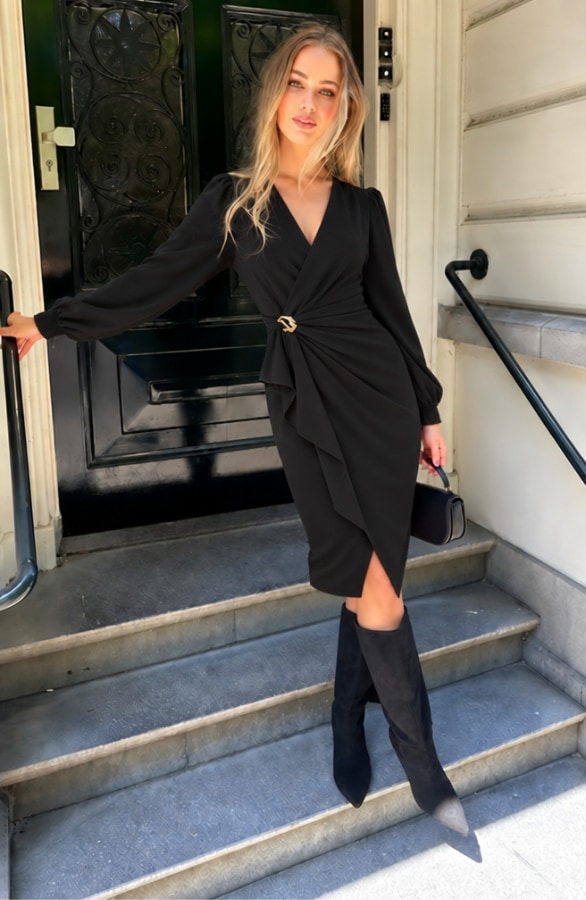 Elegant Button Wrap Dress Black – jurken