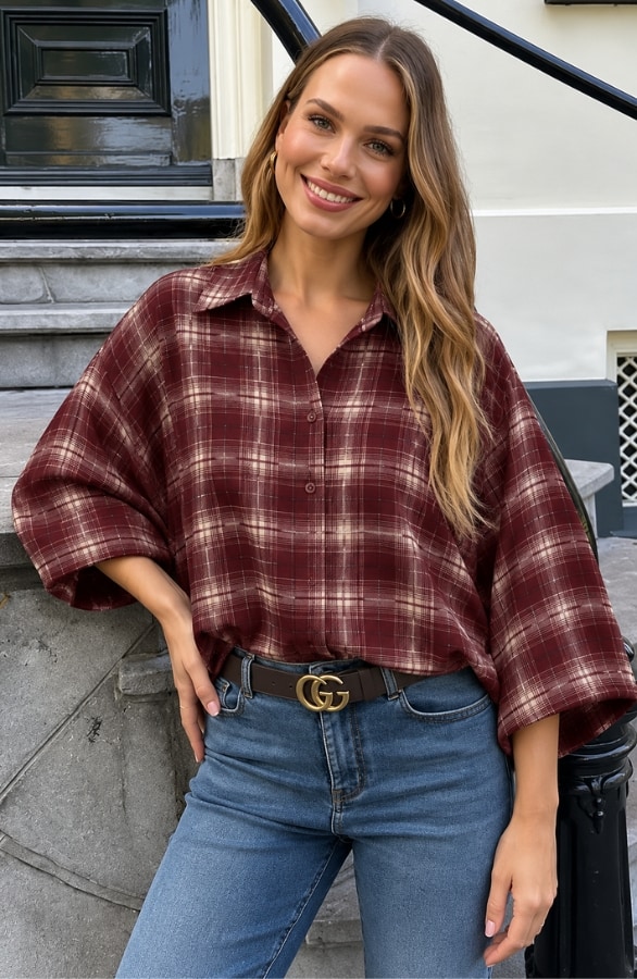 Oversized Batwing Blouse Flanel Check Burgundy – blouses