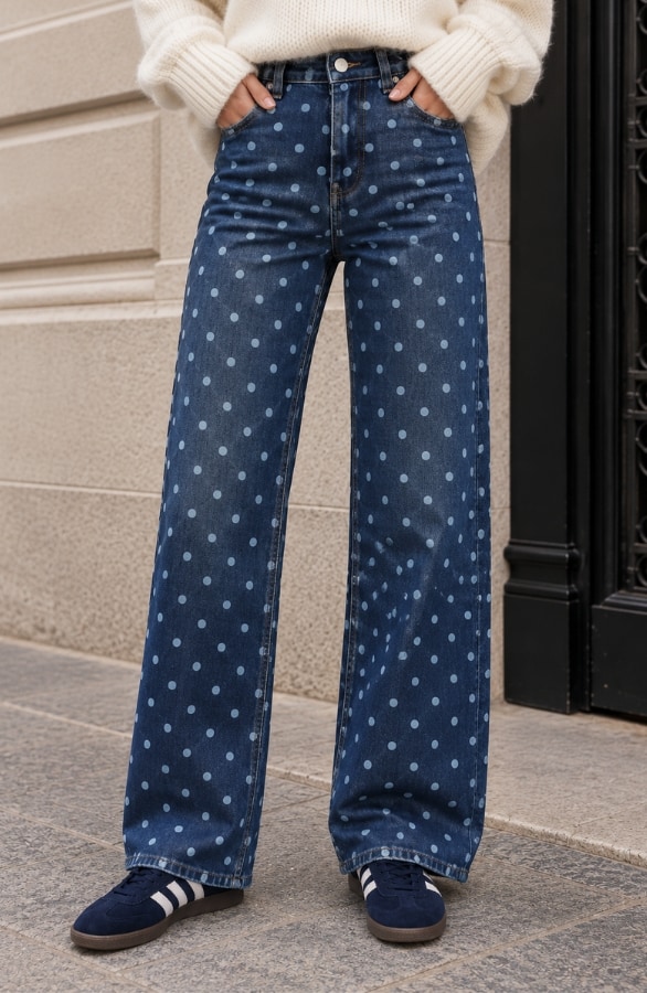 Polka Dot Wide Leg Jeans Dunkelblau